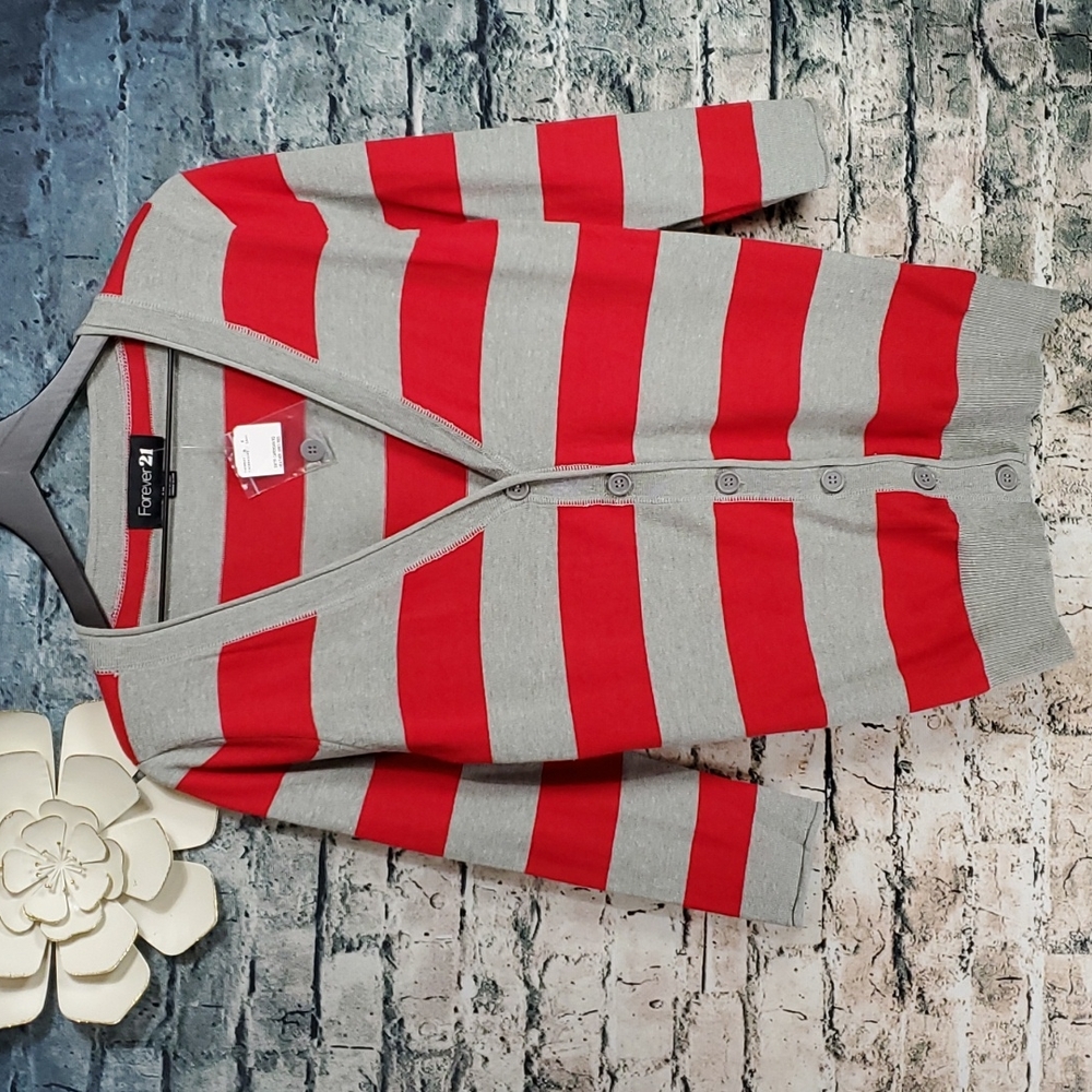 Forever 21 | Heather Gray and Red Stripe Boyfriend Cardigan Sweater